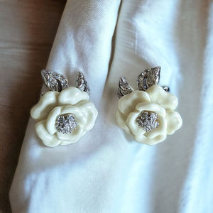 Vintage signed Nolan Miller Lara Camellia Ivory Flower Clip-On Earrings - Lucite